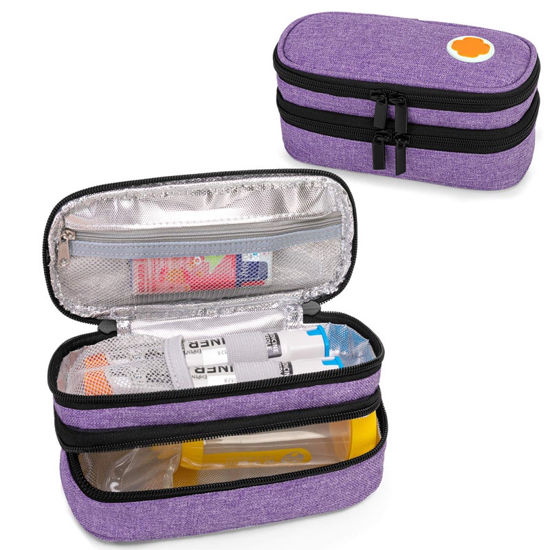 CURMIO Double Layer Insulated EpiPen Carrying Case, Portable Medicine Supplies Bag for 2 EpiPens, Auvi-Q, Syringes, Spacer, Nasal Spray, Home and Travel, Purple (Patented Design)